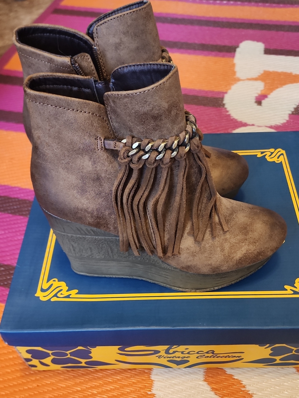 Sbicca Fringe Wedge Ankle Boots - Brown